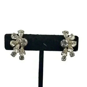 Vintage Earrings Clear Rhinestone Clip Clear Half Flower Star Bride Statement